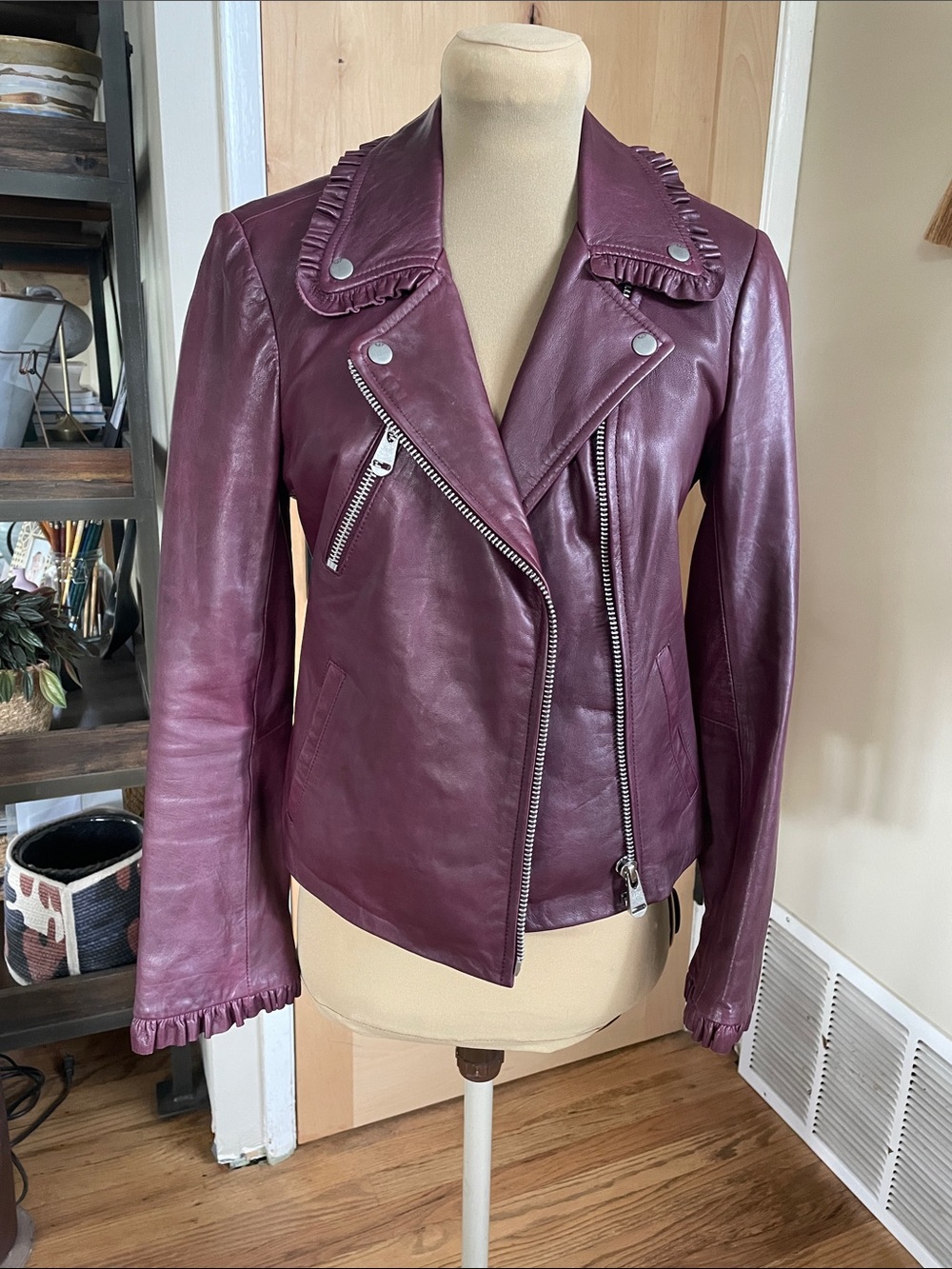 cinq a sept Plum Leather Ruffled Moto Jacket